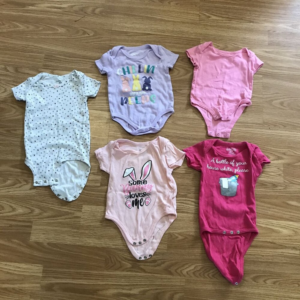 Lot Of 5 Baby Onesies Bundle - 6M 9M Mixed Sizes - Carter's & More - Sayings